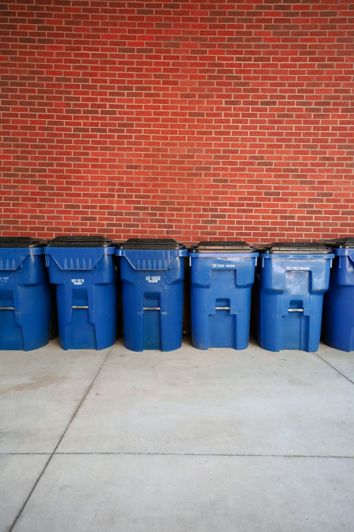Row of commercial waste bins lined up against a brick wall behind a building