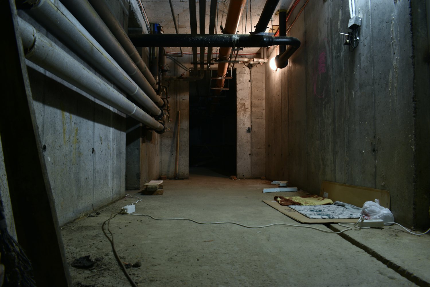 Dark crawl space under a house with exposed pipes, where a dead rat odor usually starts